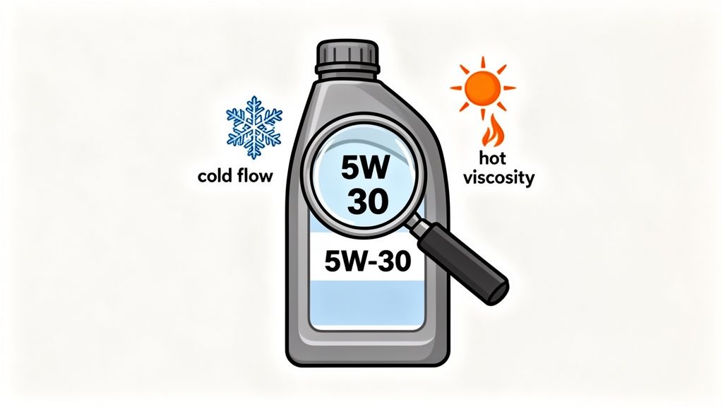 Illustration explaining engine oil 5W-30 viscosity, showing cold flow and hot viscosity properties.