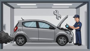 Mechanic inspecting car emissions in garage