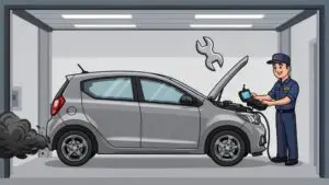 Mechanic inspecting car emissions in garage