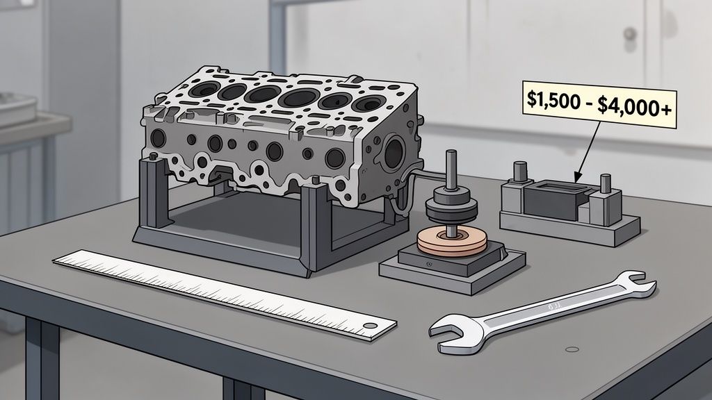 An engine cylinder head, tools, and a price estimate on a workbench, illustrating auto repair costs.