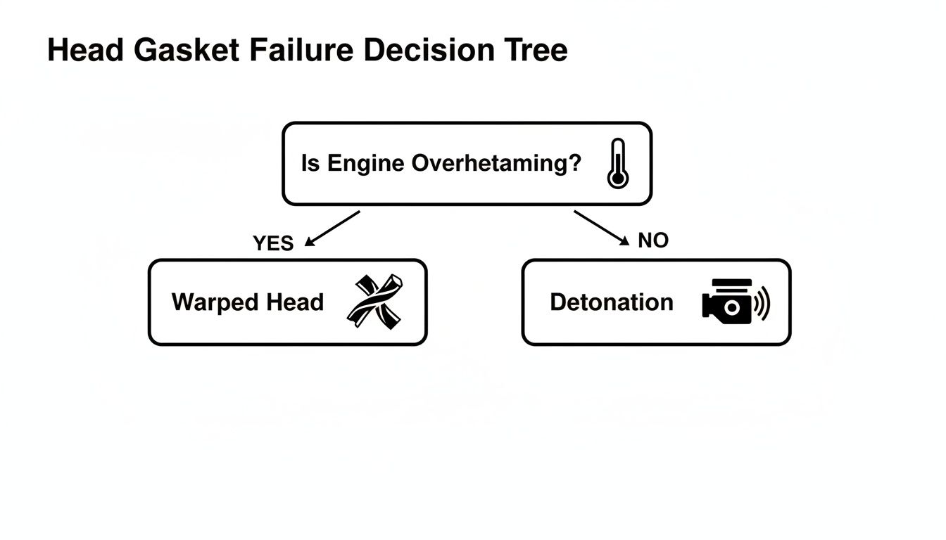 A decision tree diagram for head gasket failure troubleshooting, showing paths for engine overheating.