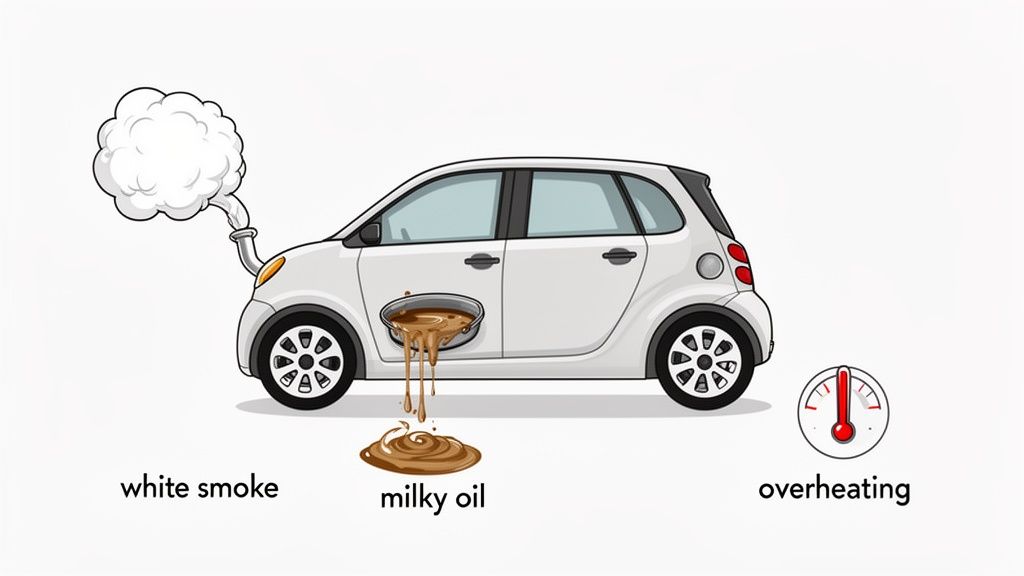 A white car displaying symptoms of head gasket failure: white smoke, milky oil, and overheating.