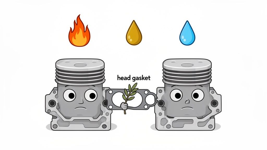 Sad cartoon engine pistons are separated by a head gasket, with fire, oil, and water icons.