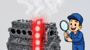 Cartoon mechanic inspecting hot engine block