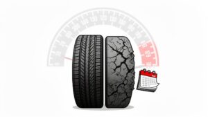 Old cracked tire beside new tire, speedometer background.