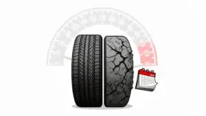 Old cracked tire beside new tire, speedometer background.