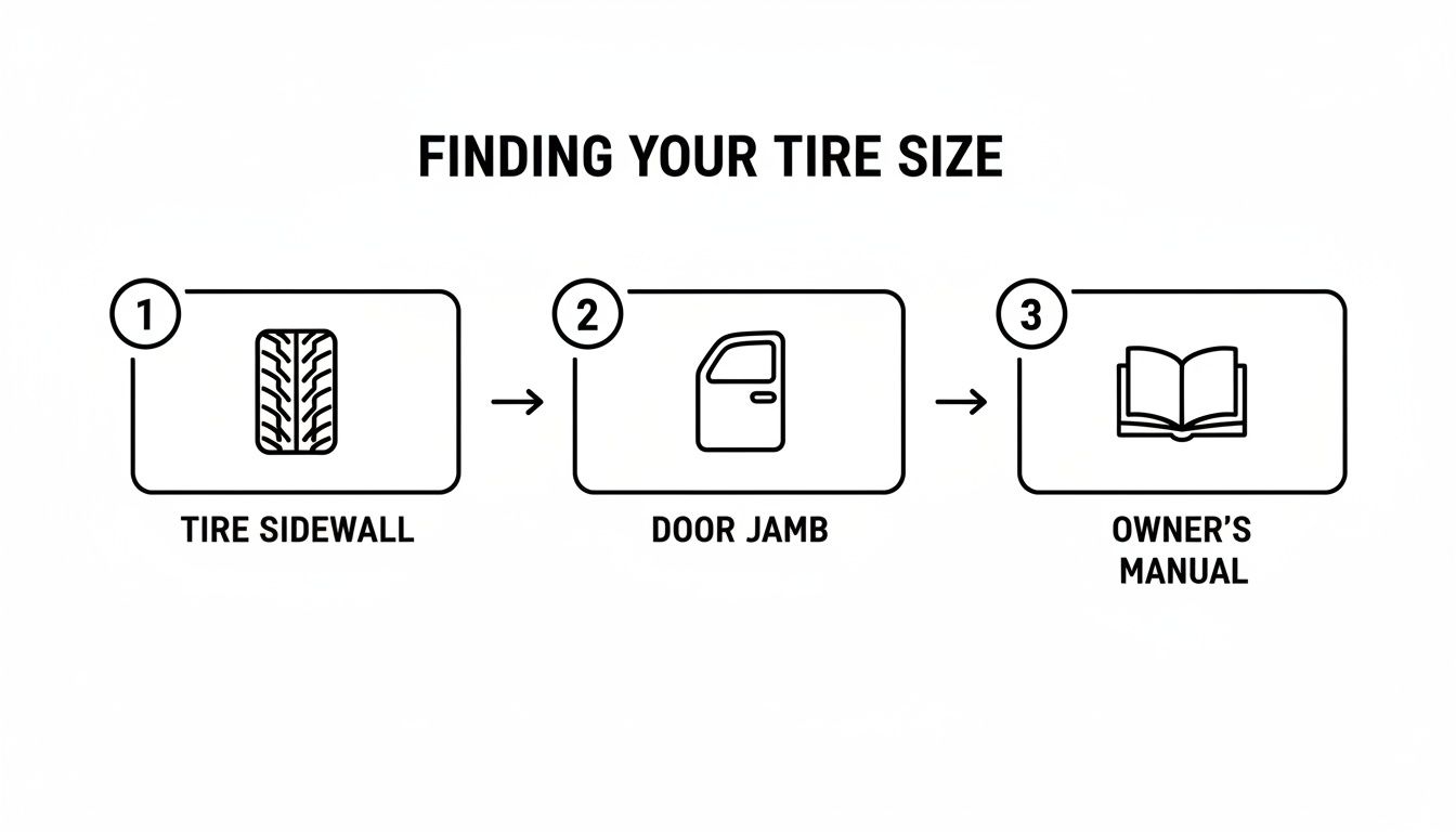 A three-step guide for finding your car's tire size using the sidewall, door jamb, or owner's manual.
