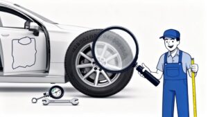 Cartoon mechanic inspecting a car tire.