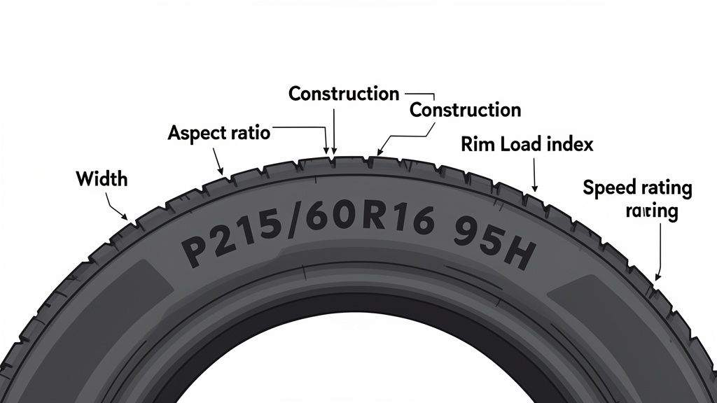 Diagram explaining tire size markings: width, aspect ratio, construction, rim, load index, and speed rating.