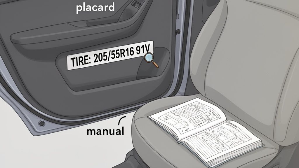 A car's open door displays a placard with 'TIRE: 205/55R16 91V' and a magnifying glass. A car manual rests on the passenger seat.