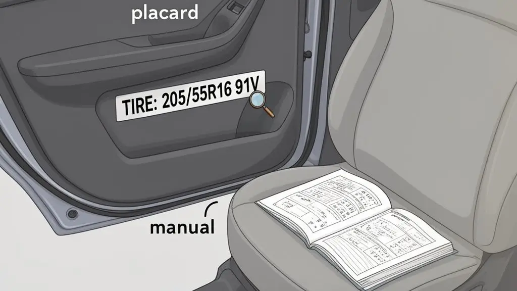 A car's open door displays a placard with 'TIRE: 205/55R16 91V' and a magnifying glass. A car manual rests on the passenger seat.