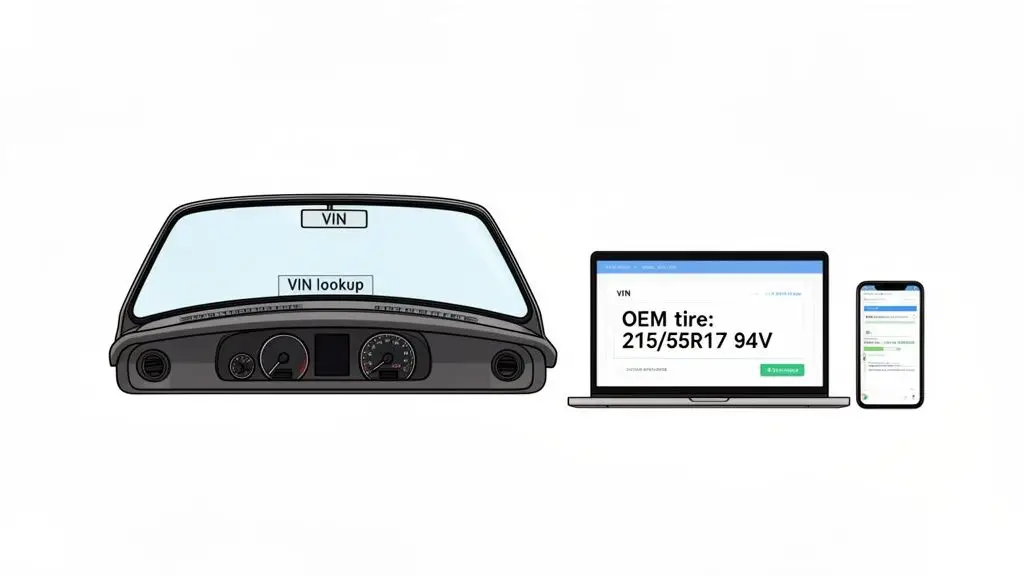 A car dashboard, laptop, and phone illustrate VIN lookup for finding OEM tire size.