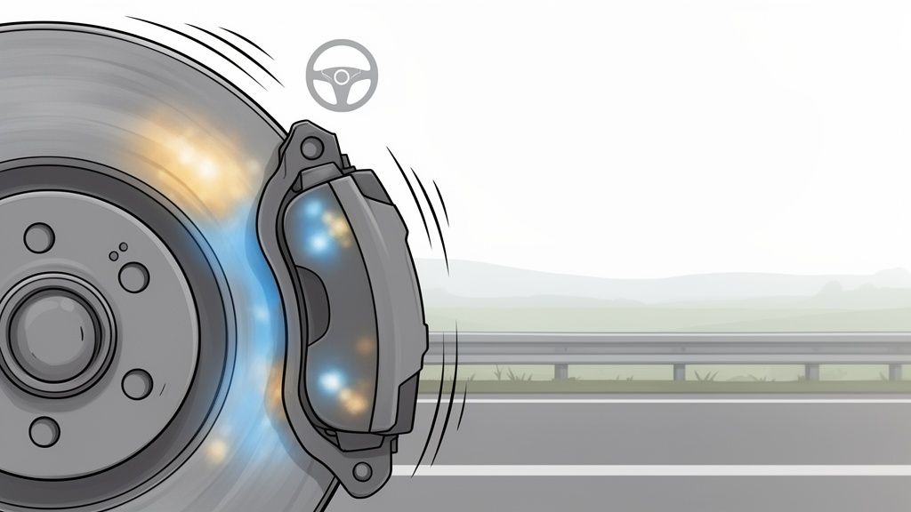Close-up of a car's vibrating brake disc and caliper with a steering wheel icon, suggesting brake issues.
