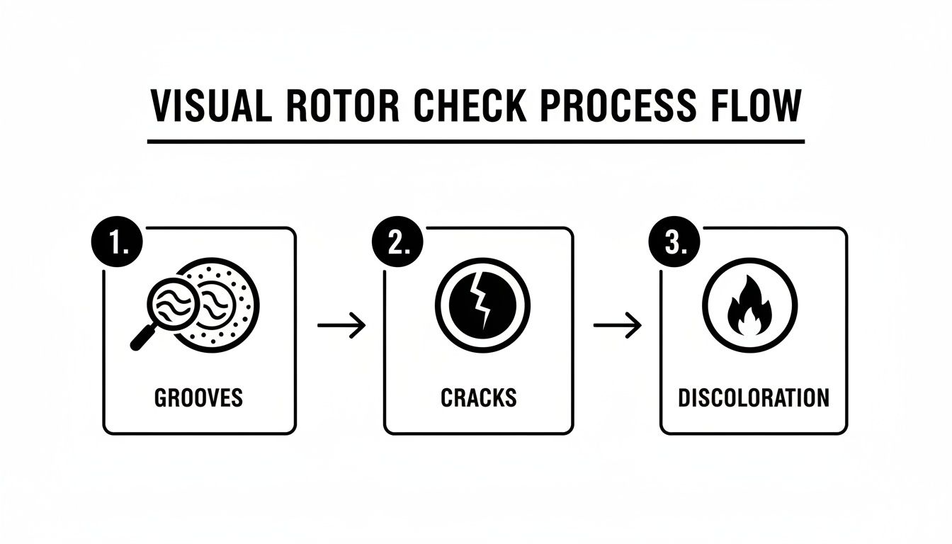 Flowchart illustrating the visual check process for brake rotors: inspecting for grooves, cracks, and discoloration.