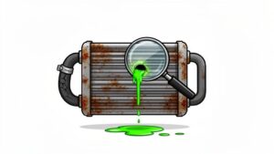 Rusted radiator leaking green fluid
