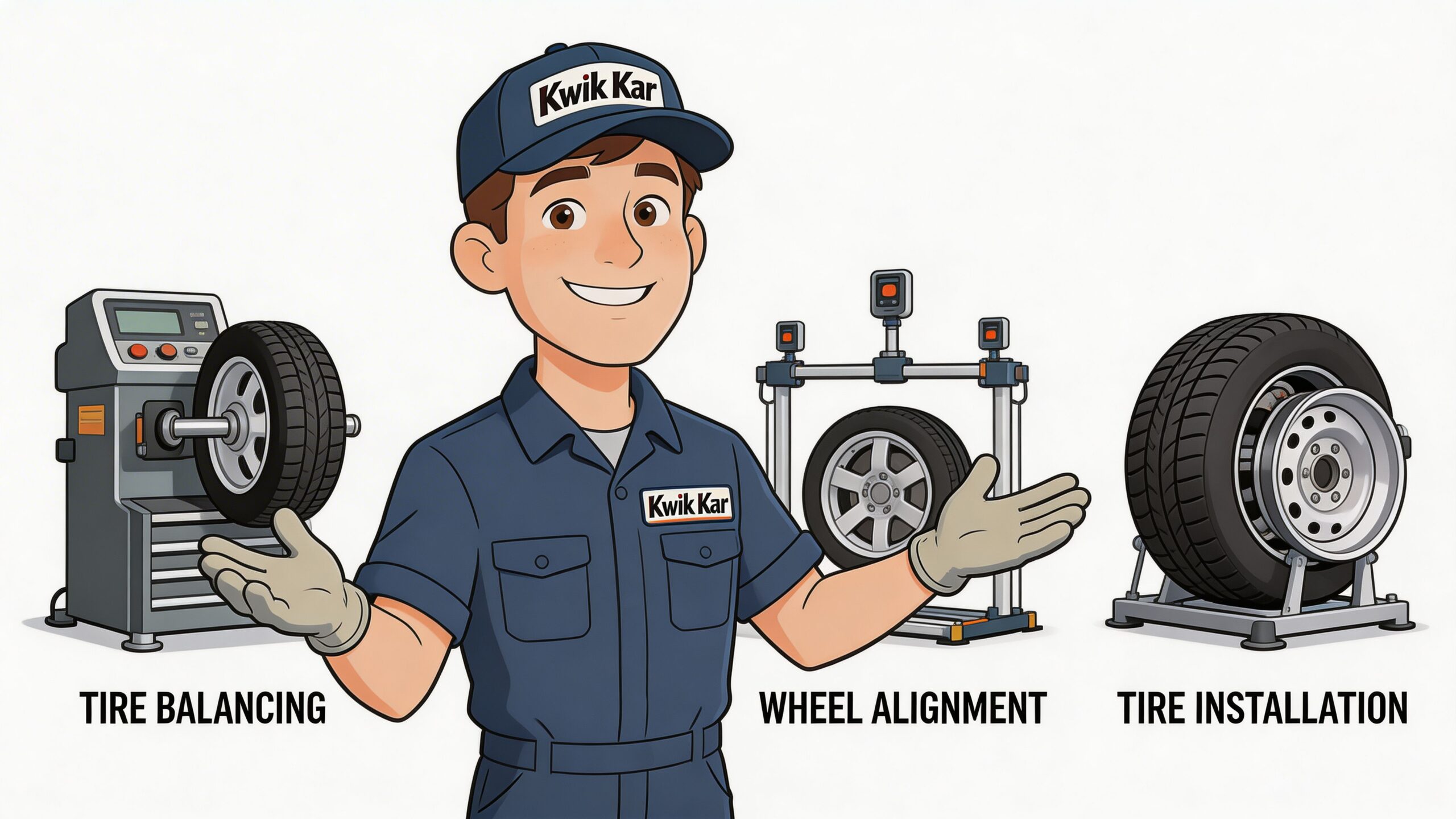 A Kwik Kar mechanic demonstrates tire balancing, wheel alignment, and tire installation services in a professional shop.