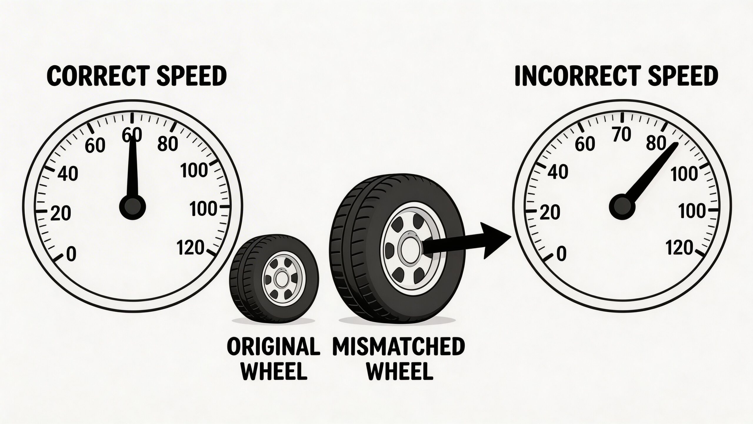 A diagram illustrating how mismatched wheel sizes cause speedometer inaccuracies while driving a vehicle.