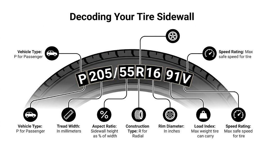 An infographic explaining how to read and decode the specifications found on a vehicle tire sidewall.