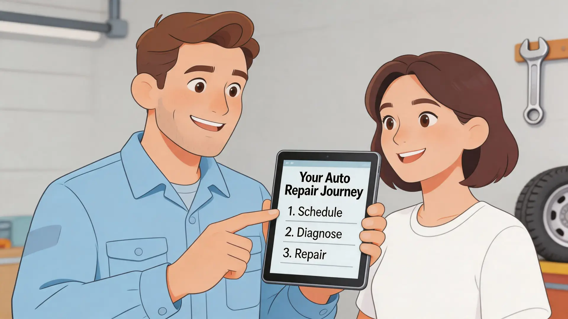 A friendly mechanic and a woman looking at a tablet showing an auto repair process steps.