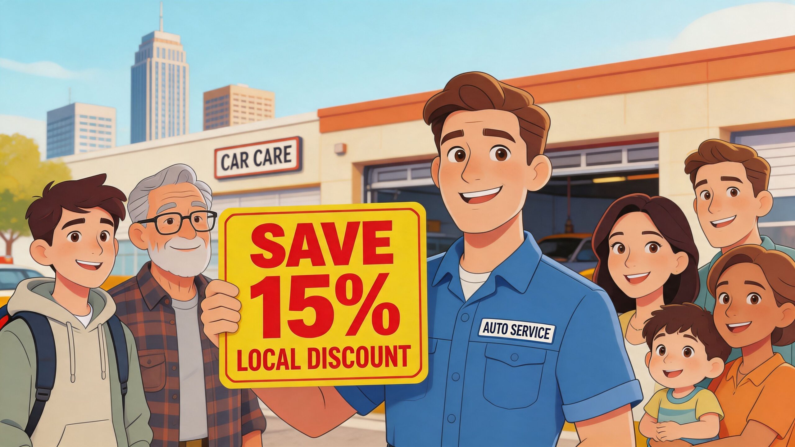 A friendly auto mechanic holds a save 15 percent local discount sign surrounded by a diverse community group.