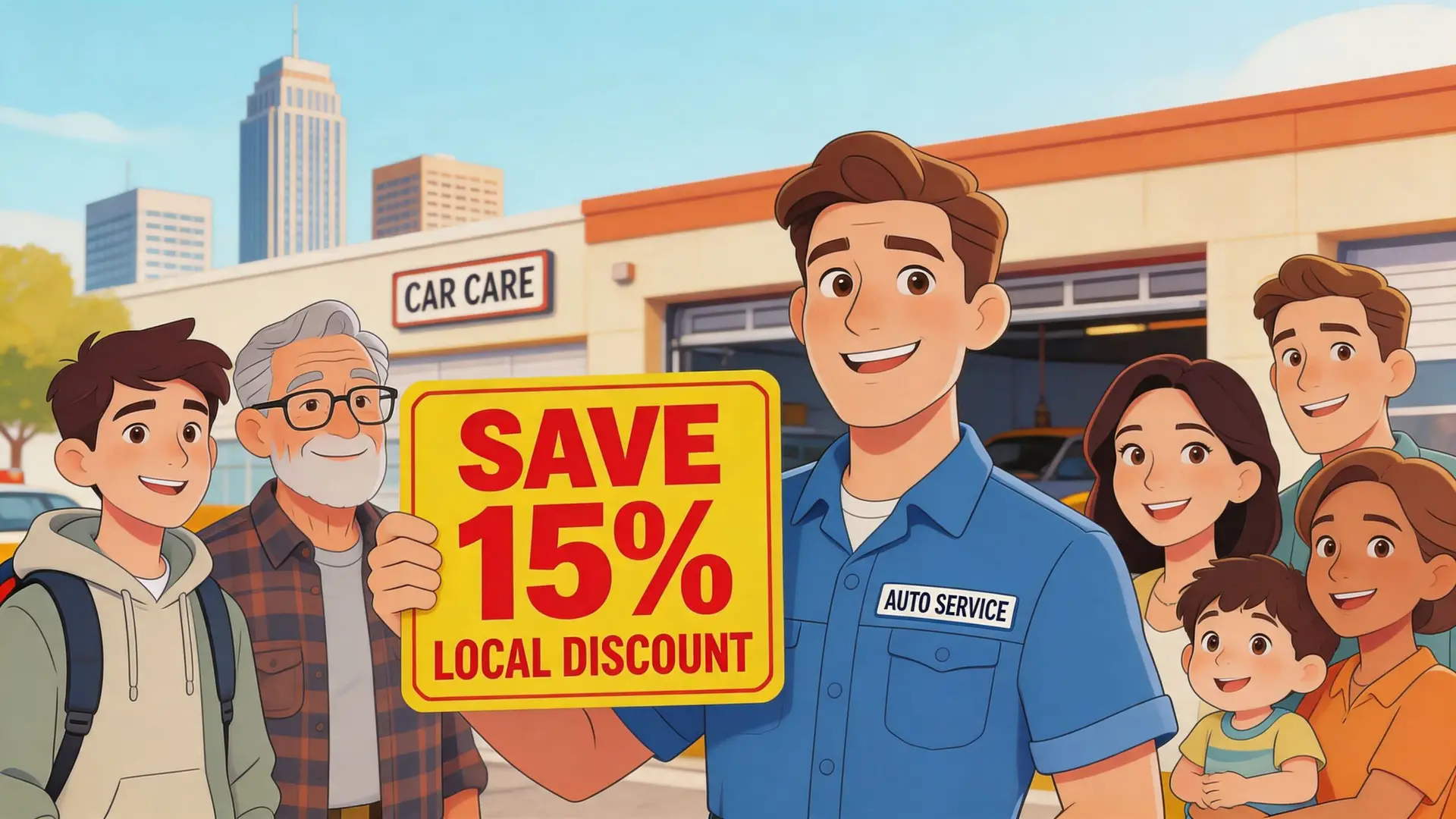 A friendly auto mechanic holds a save 15 percent local discount sign surrounded by a diverse community group.