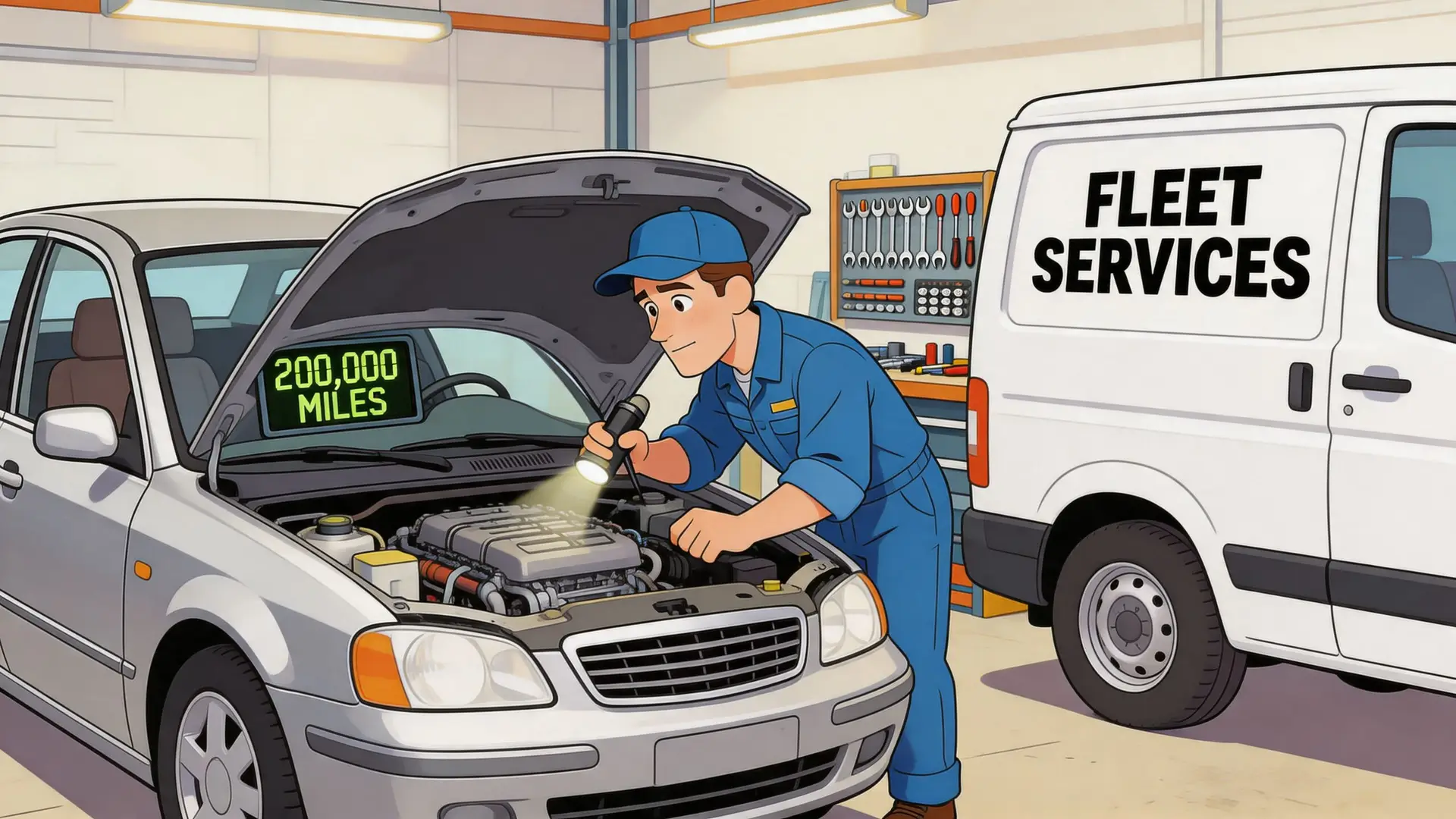 A professional mechanic in a blue uniform inspecting an old car engine with a flashlight in a garage.