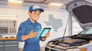 Mechanic using tablet beside car with open hood