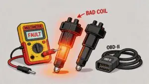 Multimeter testing cracked ignition coil labeled bad