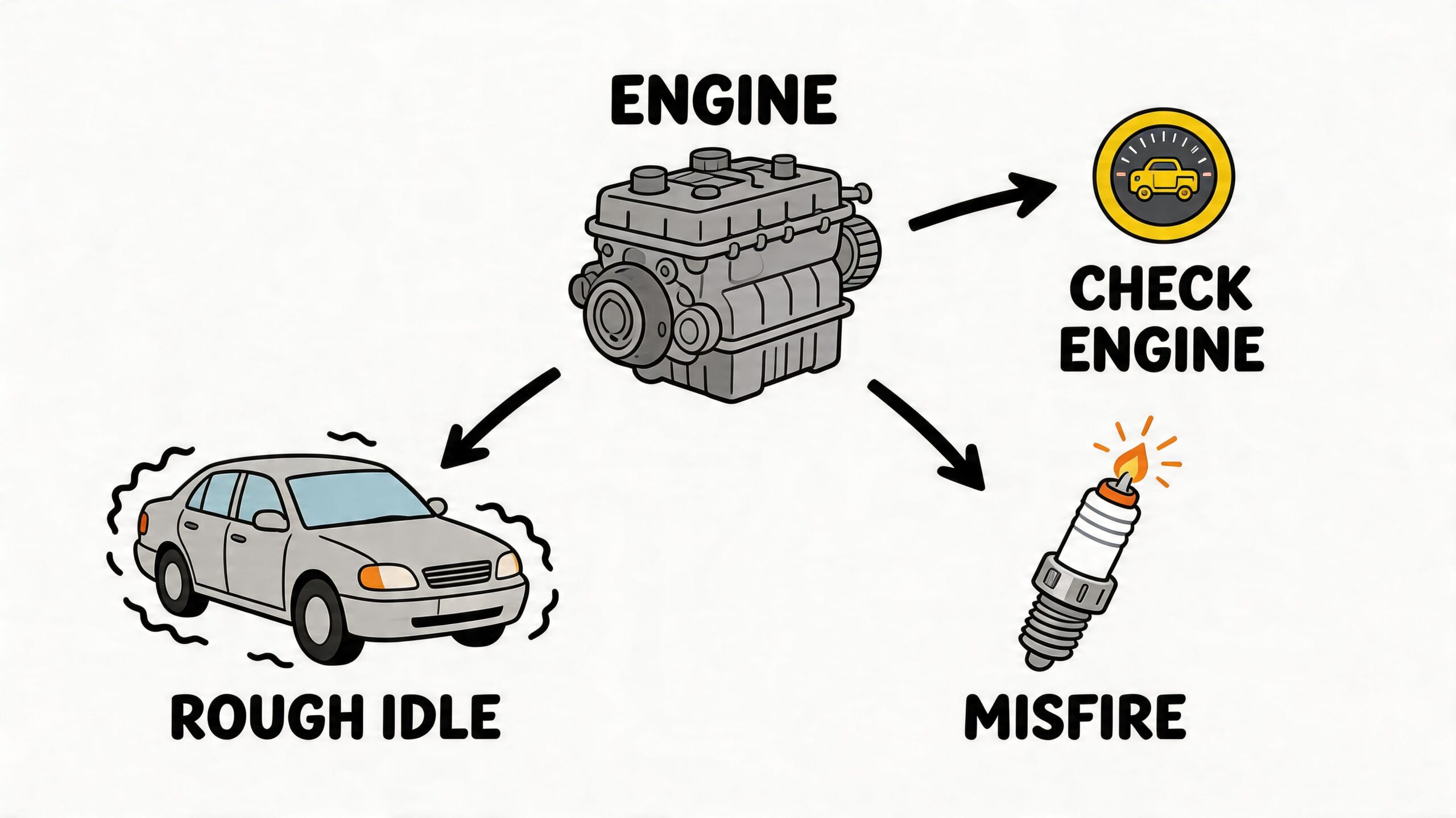 A diagram illustrating car engine issues including a check engine light, rough idle, and engine misfire symptoms.