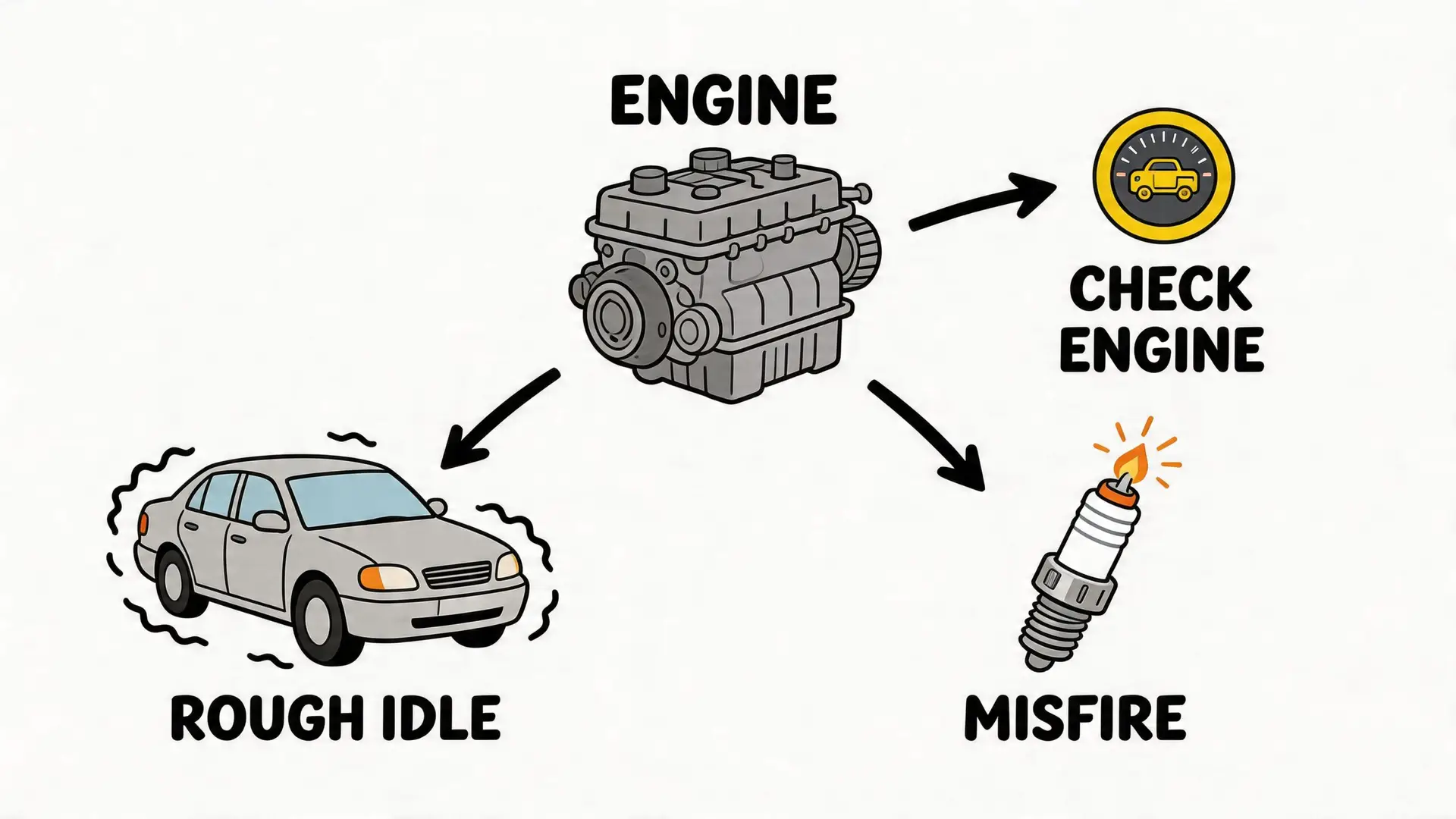 A diagram illustrating car engine issues including a check engine light, rough idle, and engine misfire symptoms.