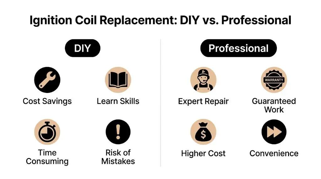 A comparison chart outlining the pros and cons of DIY versus professional ignition coil replacement for vehicles.