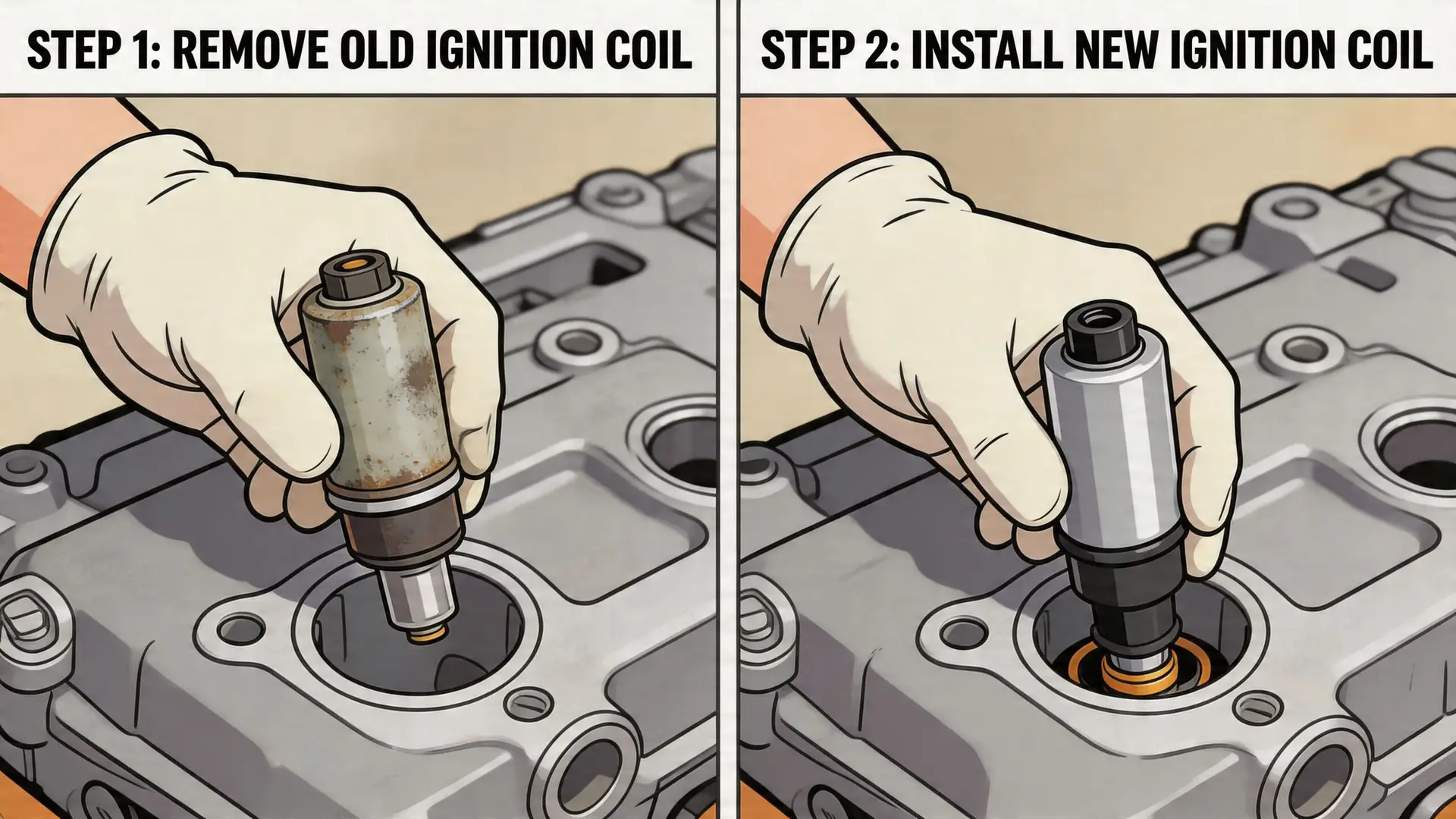 A gloved hand removing an old rusted ignition coil and installing a new clean ignition coil.