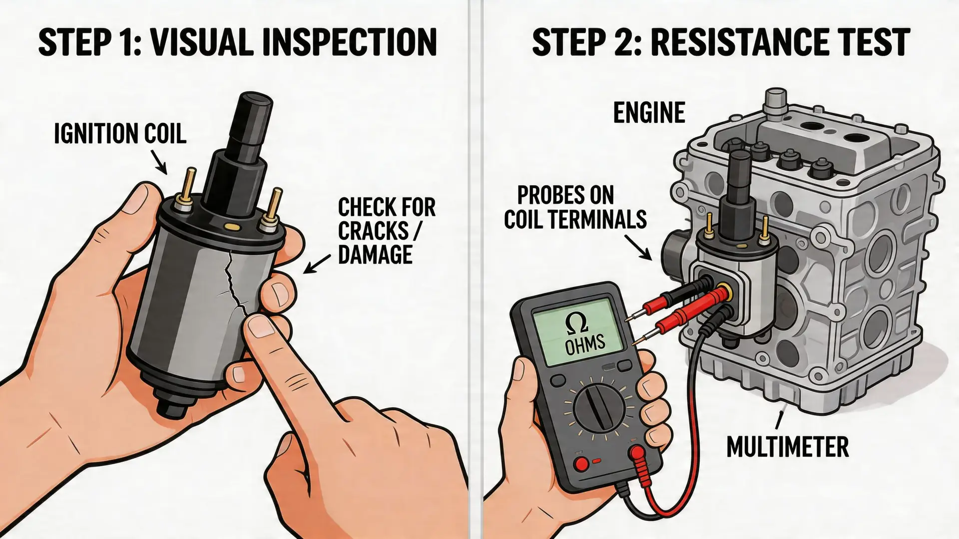 A diagram illustrating how to troubleshoot a bad ignition coil through visual inspection and resistance testing.