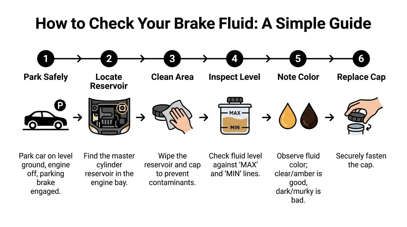 A step-by-step infographic illustrating how to check brake fluid levels in a vehicle engine.