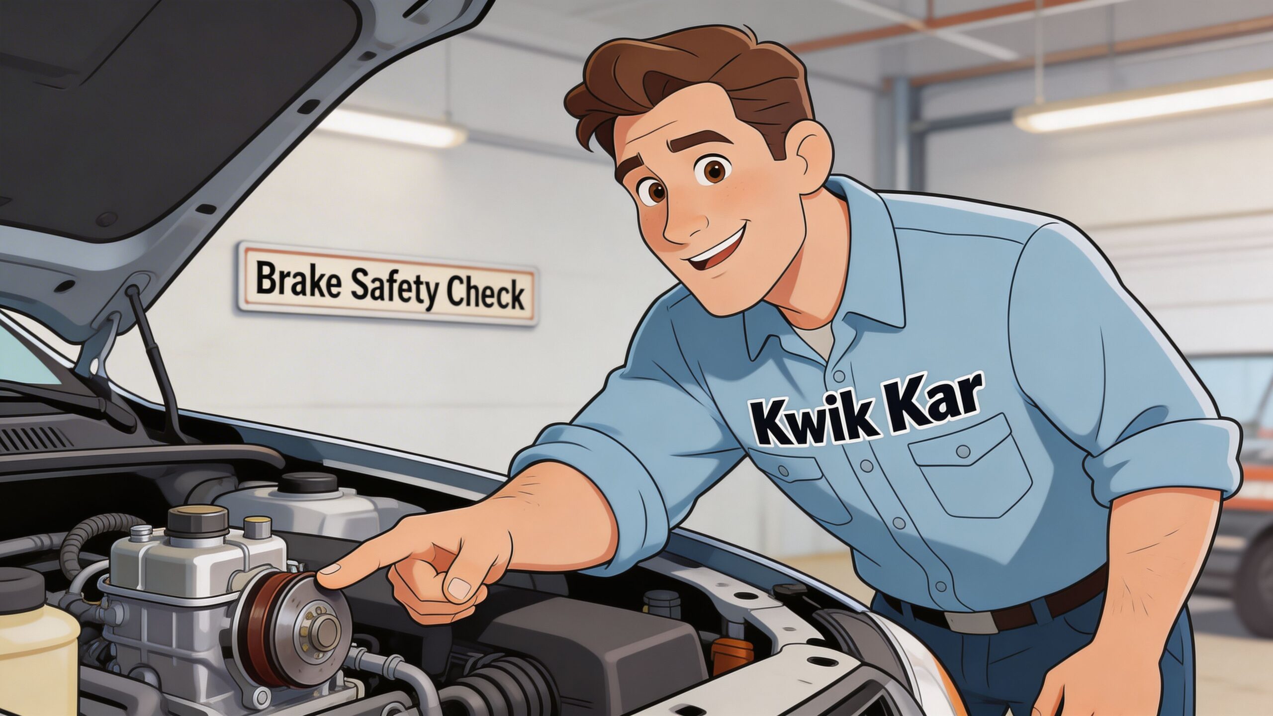 A friendly mechanic in a Kwik Kar uniform points towards the brake fluid reservoir inside a car engine.