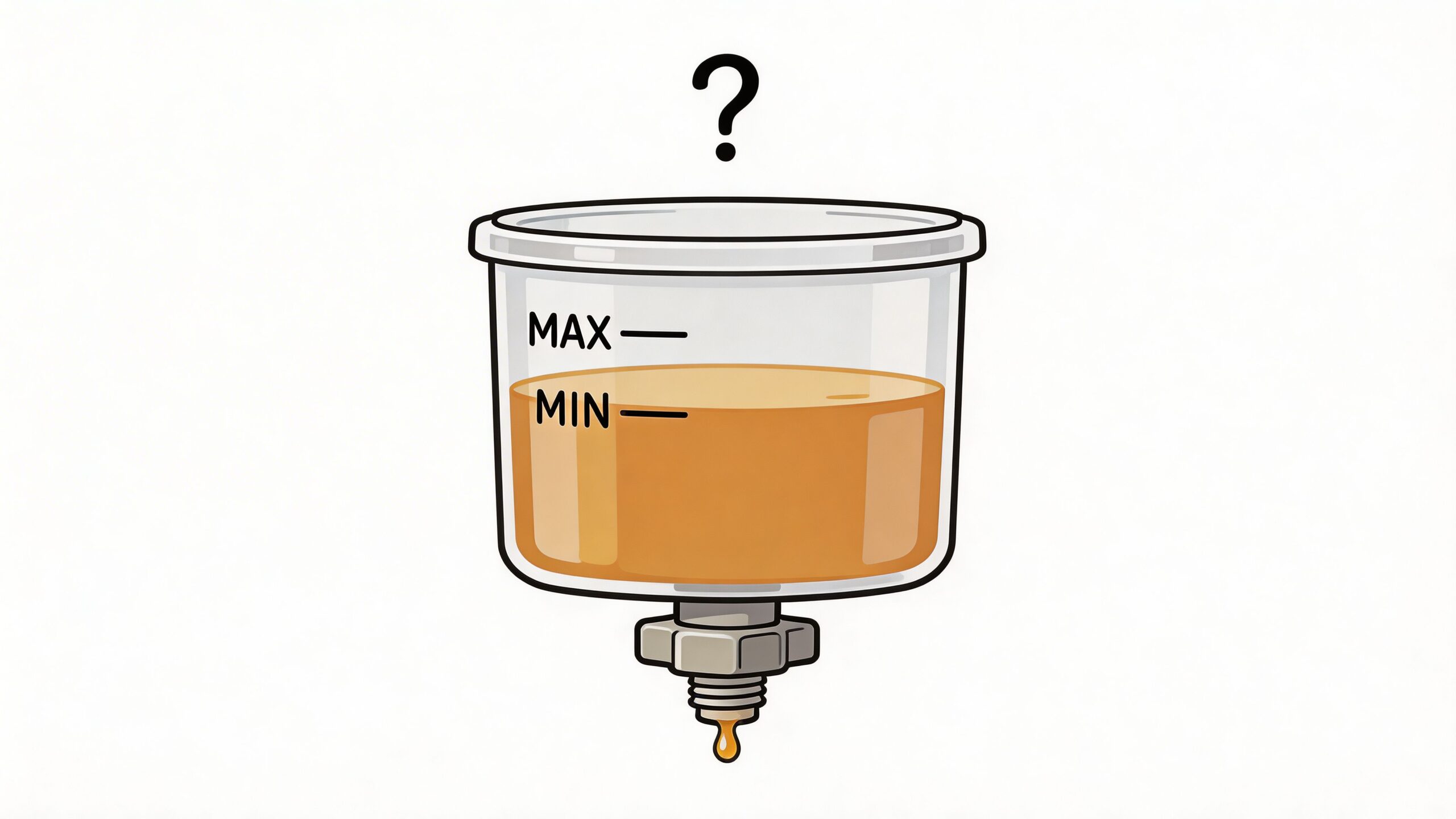A diagram of a transparent reservoir filled with orange liquid showing a brake fluid level indicator