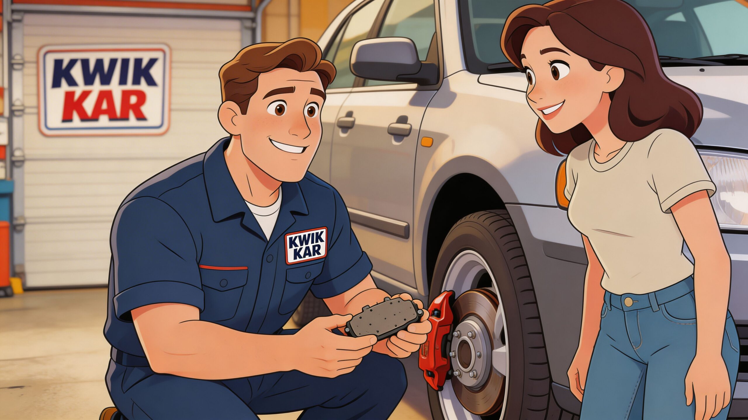 A friendly mechanic shows a customer worn car brake pads while repairing her silver vehicle in a garage.