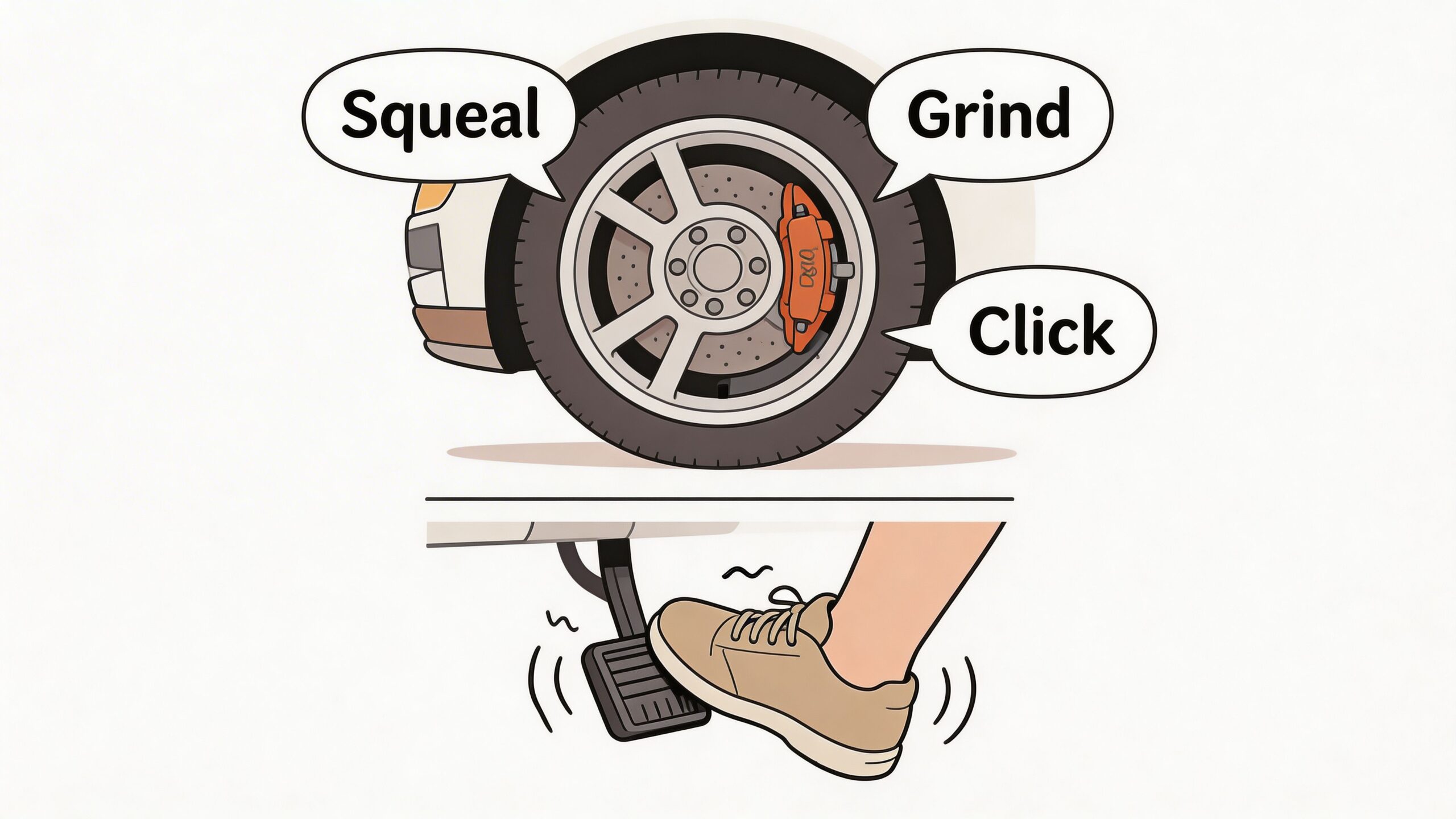 A diagram illustrating common brake issues, featuring a wheel with brake components and a foot pressing a pedal.