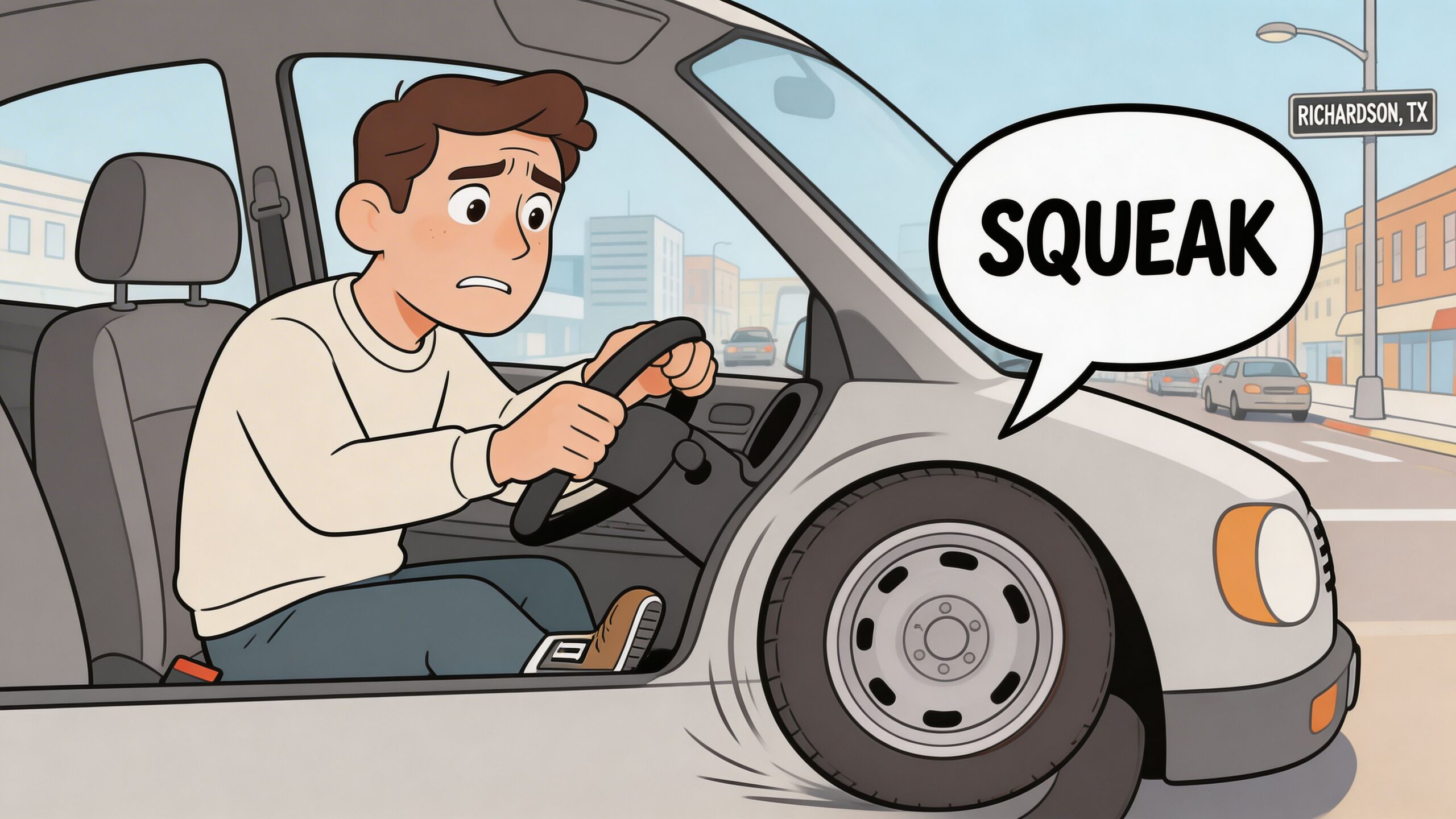 A concerned young driver sits in his car while hearing a loud squeak coming from the tires.