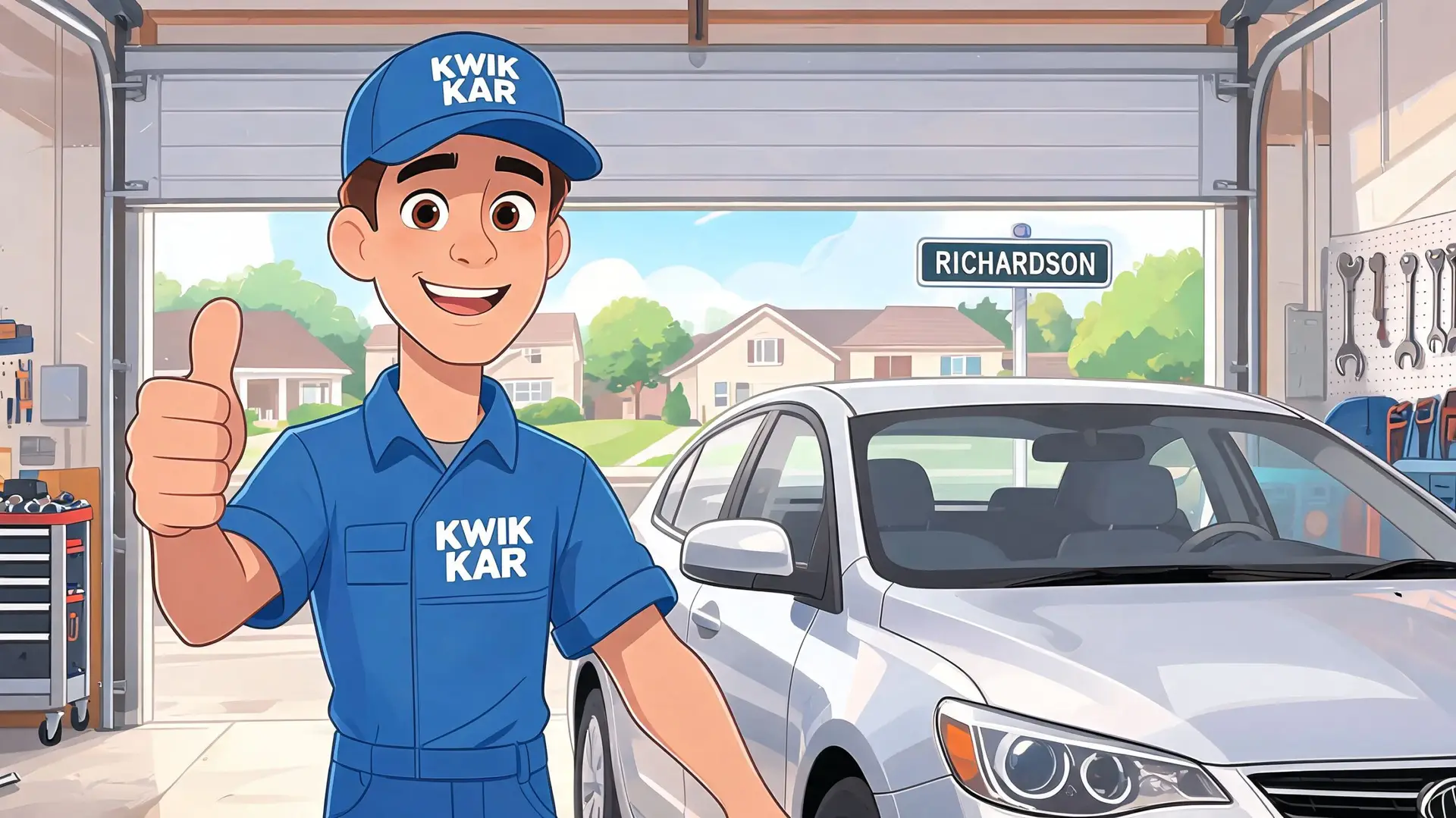 A friendly mechanic in a blue uniform giving a thumbs up in front of a modern garage.
