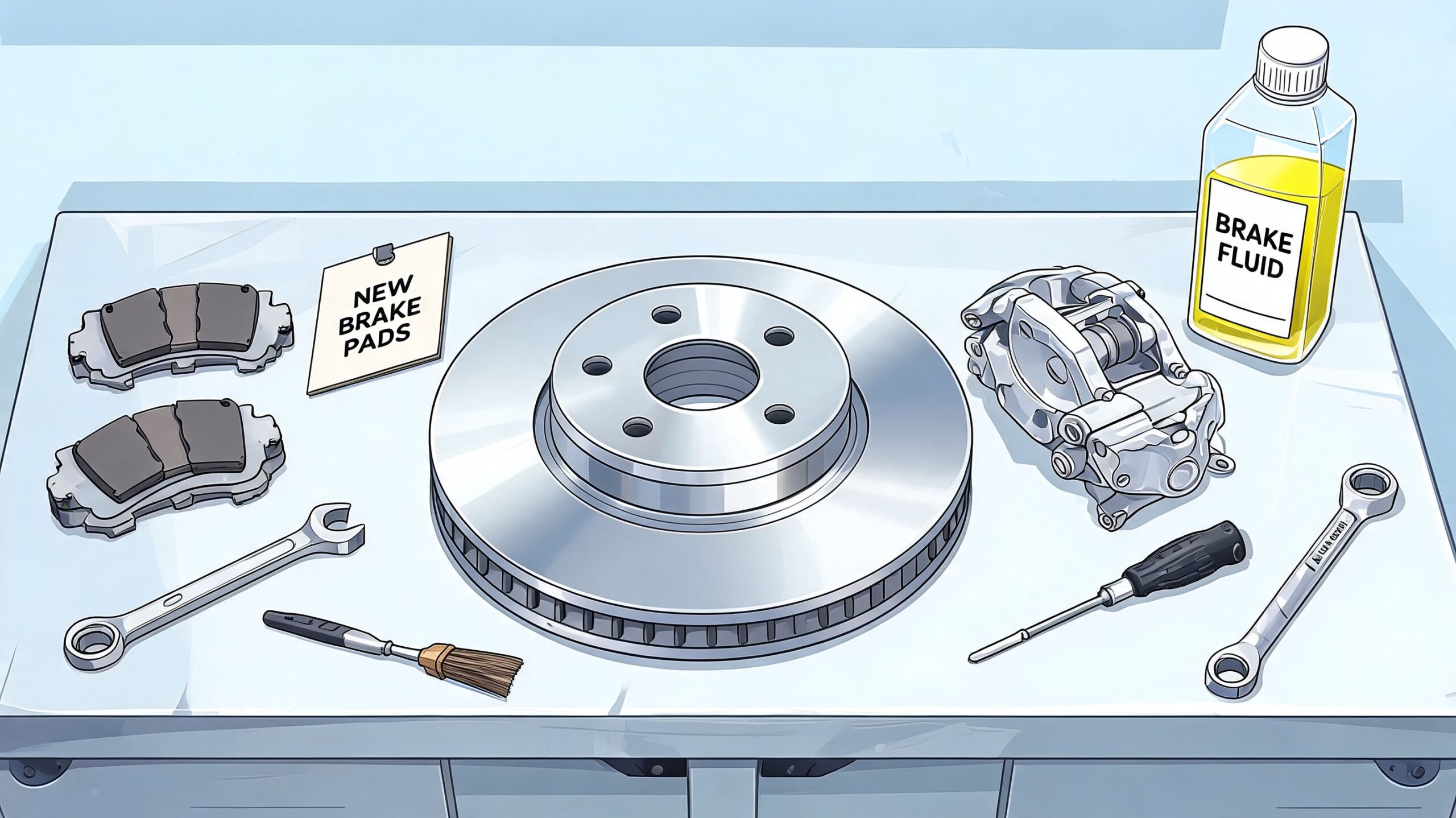 A car mechanic workbench displaying a new brake rotor, brake pads, a caliper, tools, and brake fluid.