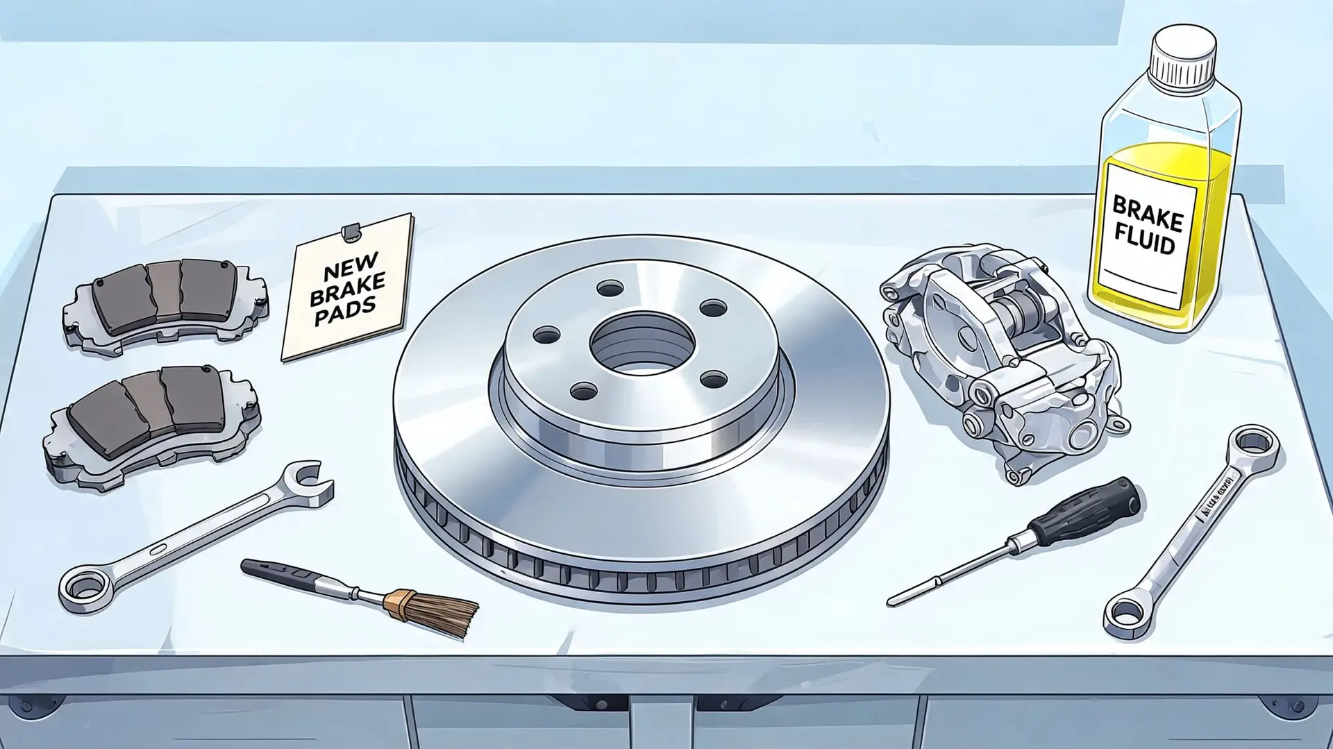 A car mechanic workbench displaying a new brake rotor, brake pads, a caliper, tools, and brake fluid.