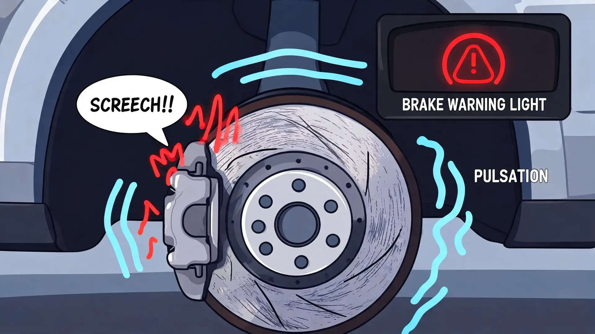 A diagram illustrating common brake system issues including squealing sounds, rotor damage, and a warning light.