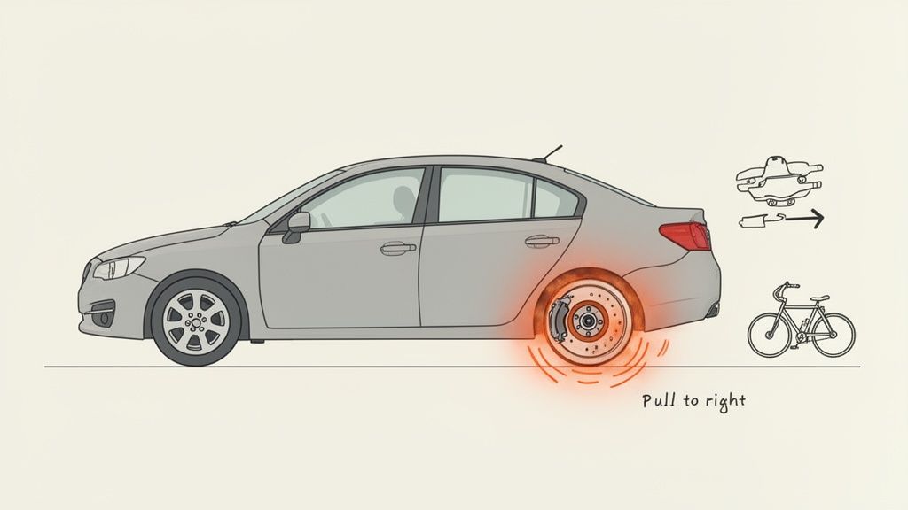 Illustration of a grey car with a glowing red right rear brake and text 'Pull to right'.