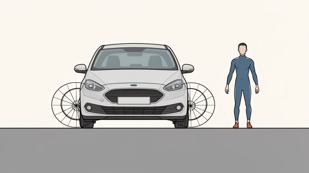 Front view of a white car with bicycle wheels on its sides and a person in a wetsuit.