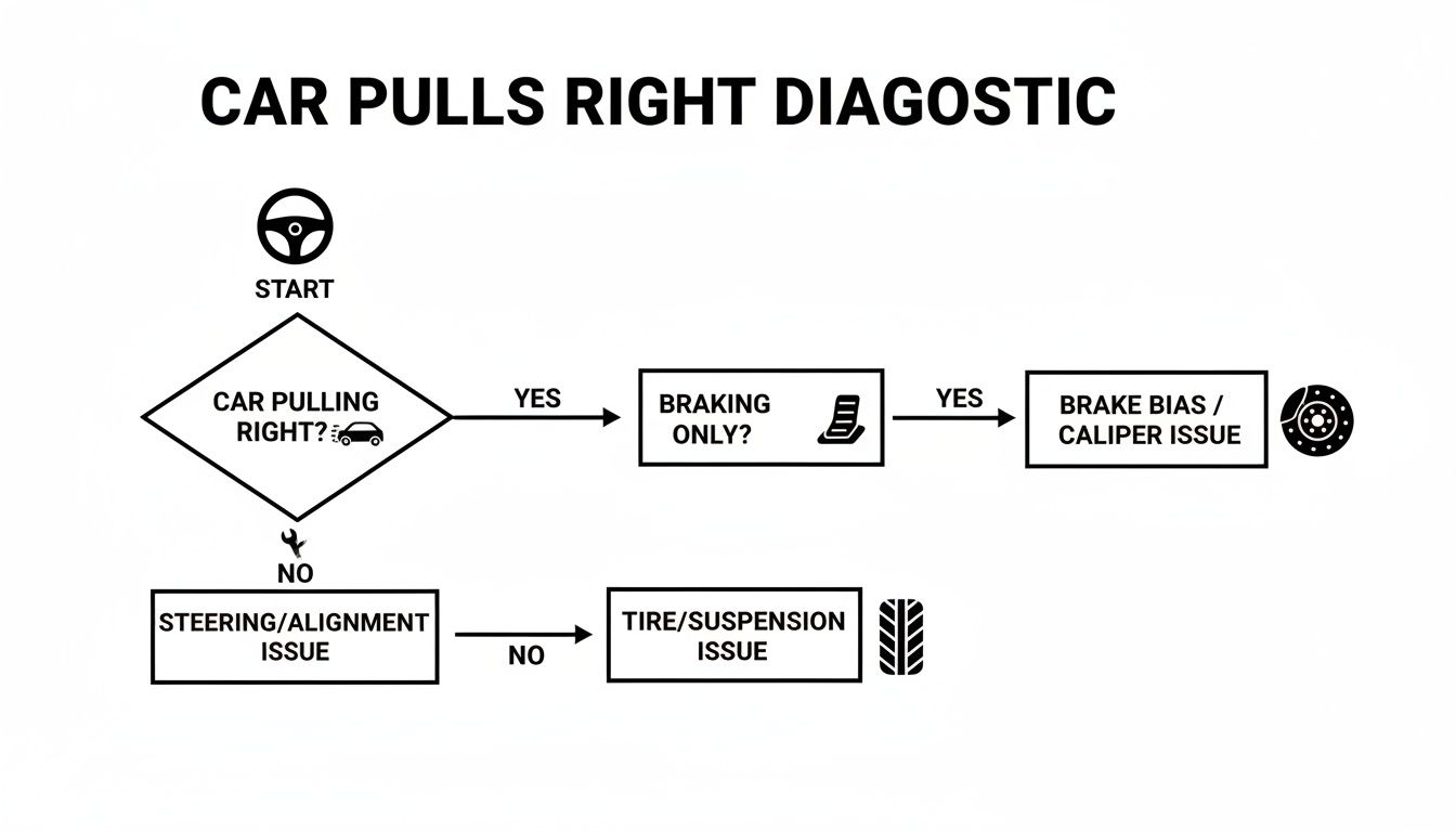 Flowchart diagnostic for a car pulling right, examining braking, steering, alignment, tire, and suspension issues.