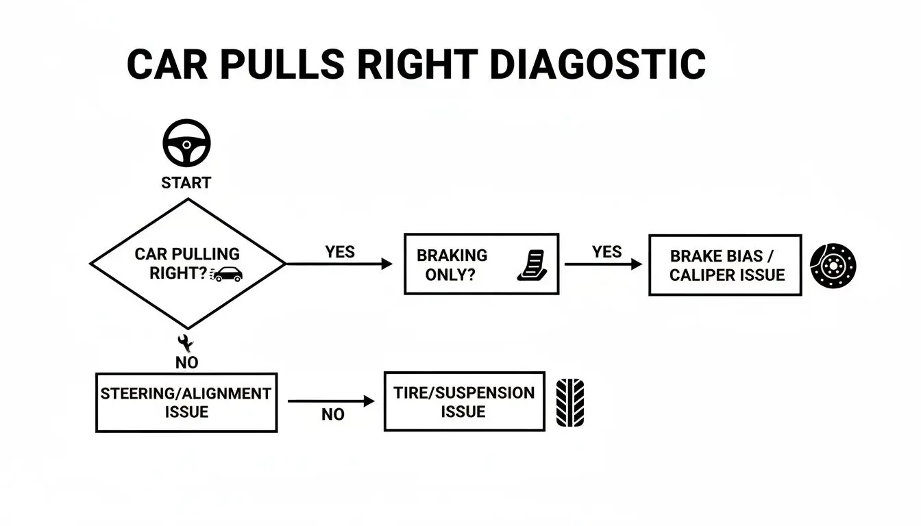 Flowchart diagnostic for a car pulling right, examining braking, steering, alignment, tire, and suspension issues.