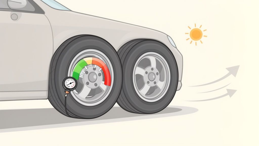 A car's tire is shown with a pressure gauge indicating low pressure in the red zone, with sunlight.