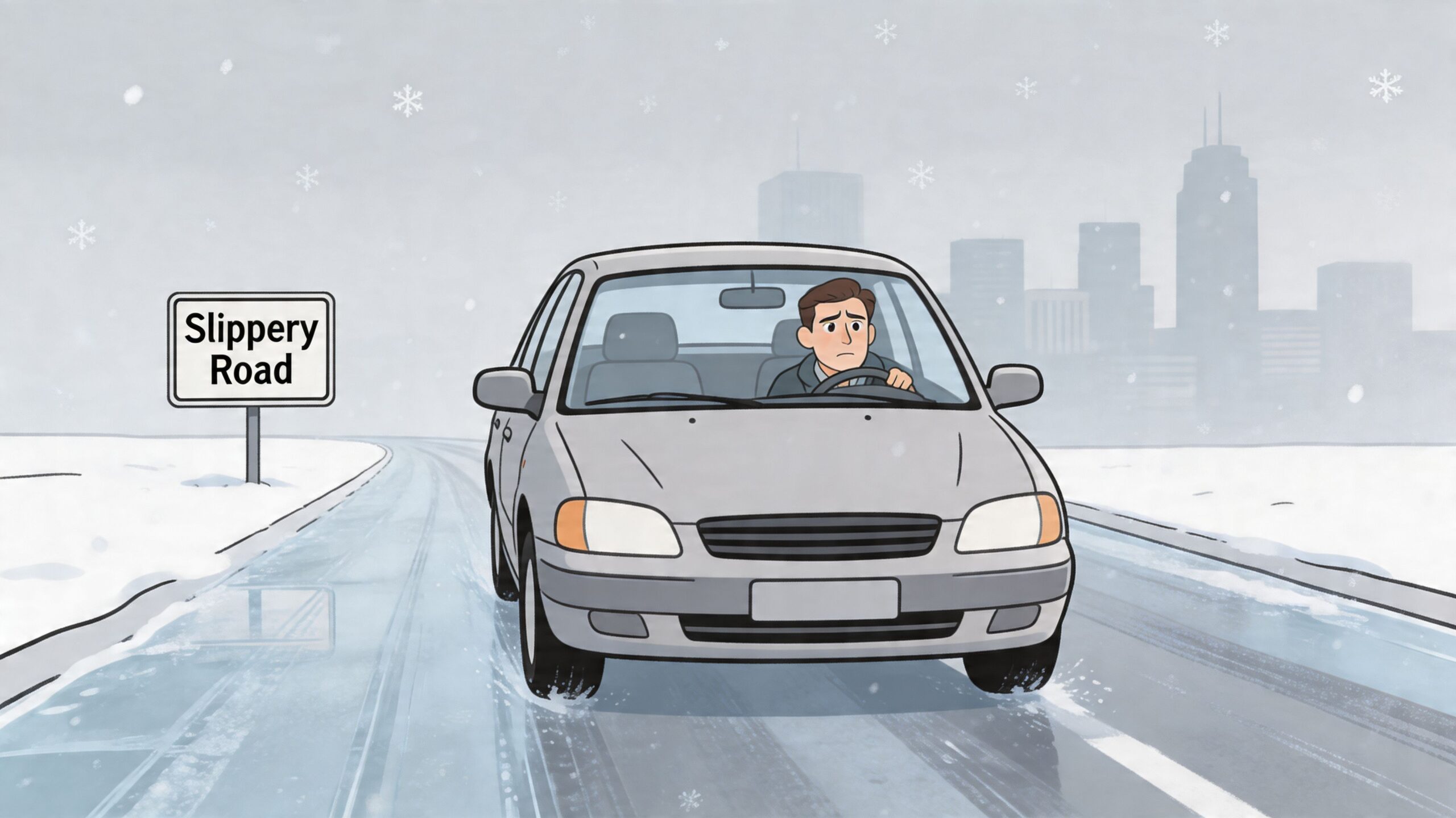 A concerned driver maneuvers a silver sedan on a snowy, icy road past a warning sign.