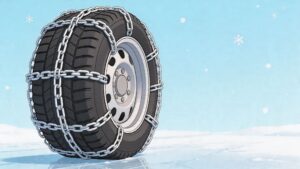 Car tire with snow chains on icy road
